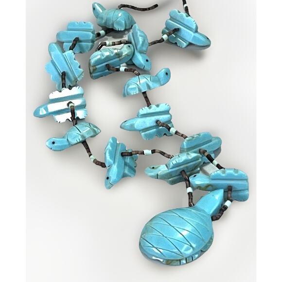Native American Zuni Turquoise Turtle Multi Animal Fetish Heishi Shell Necklace - Picture 4 of 14